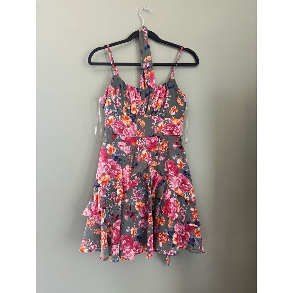 Trixxi Women's M Green Pink Orange Floral Mini Dress With Belt